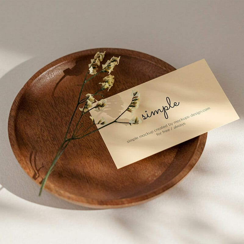 Free Business Card With Flower On Tray Mockup