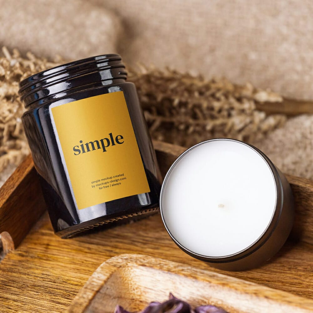 Free Dark Glass Candle In Tray Mockup PSD