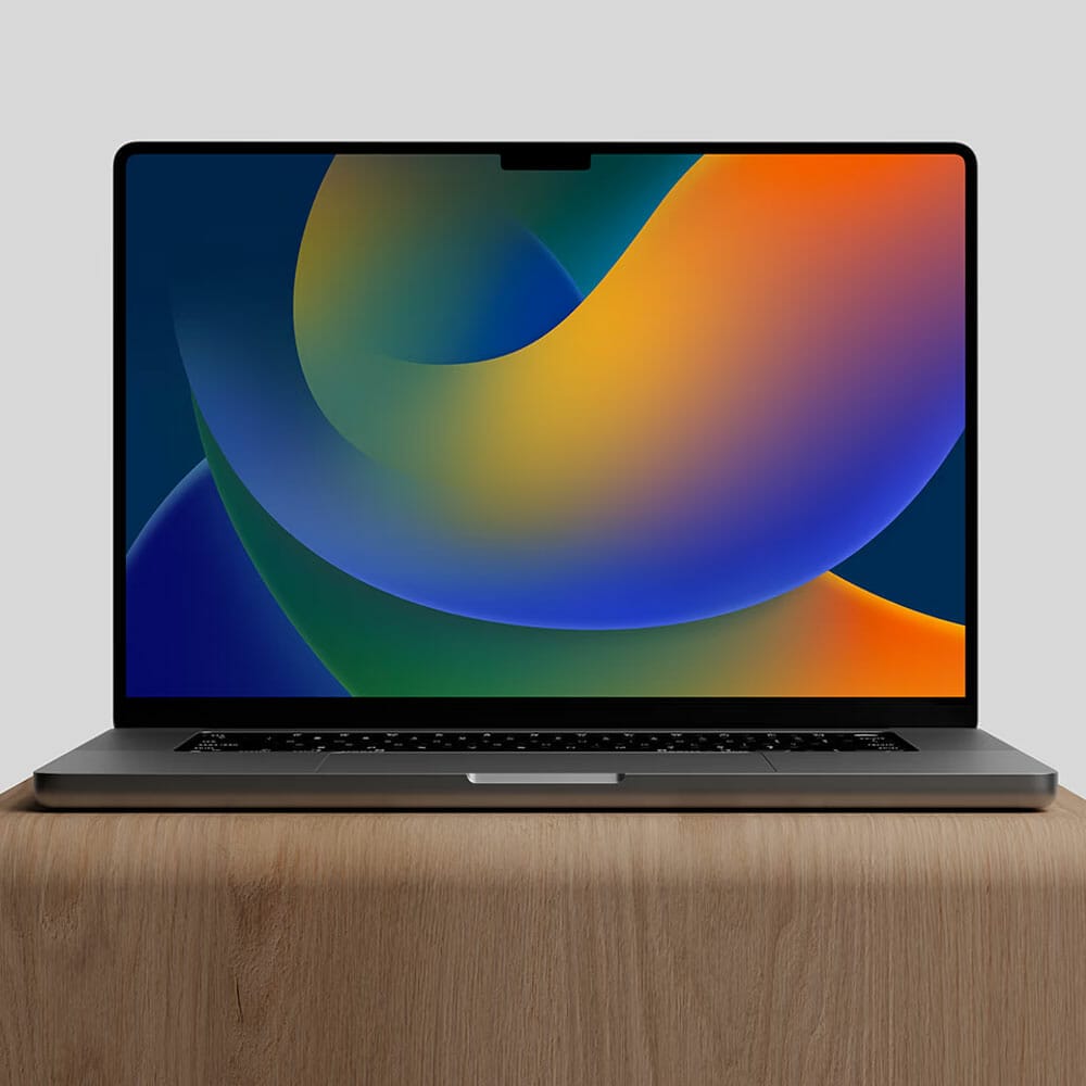 Free M2 MacBook Pro On Wood Stand Mockup PSD
