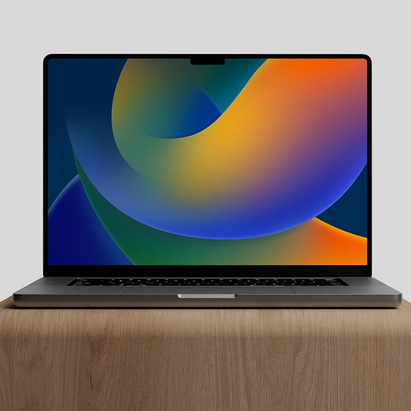 Free M2 MacBook Pro On Wood Stand Mockup PSD