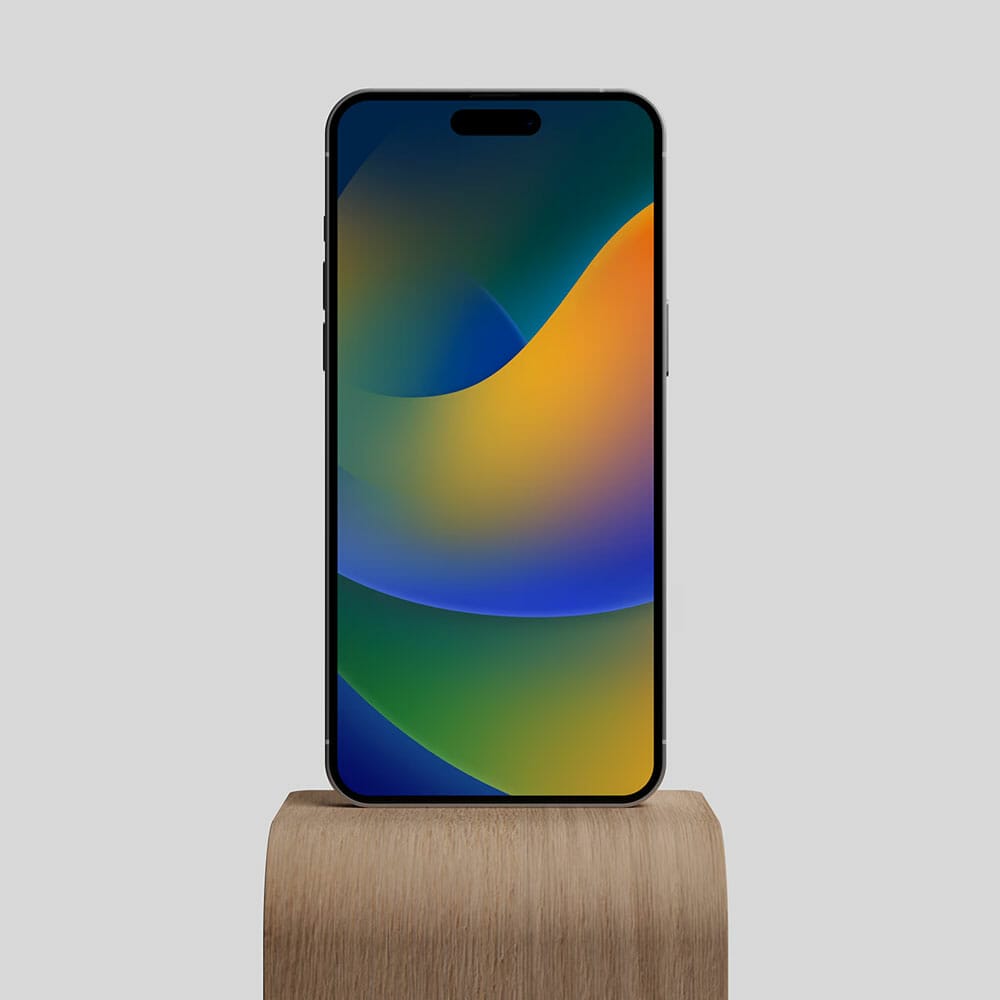 Free iPhone 14 Pro Max On Wood Stand Mockup PSD