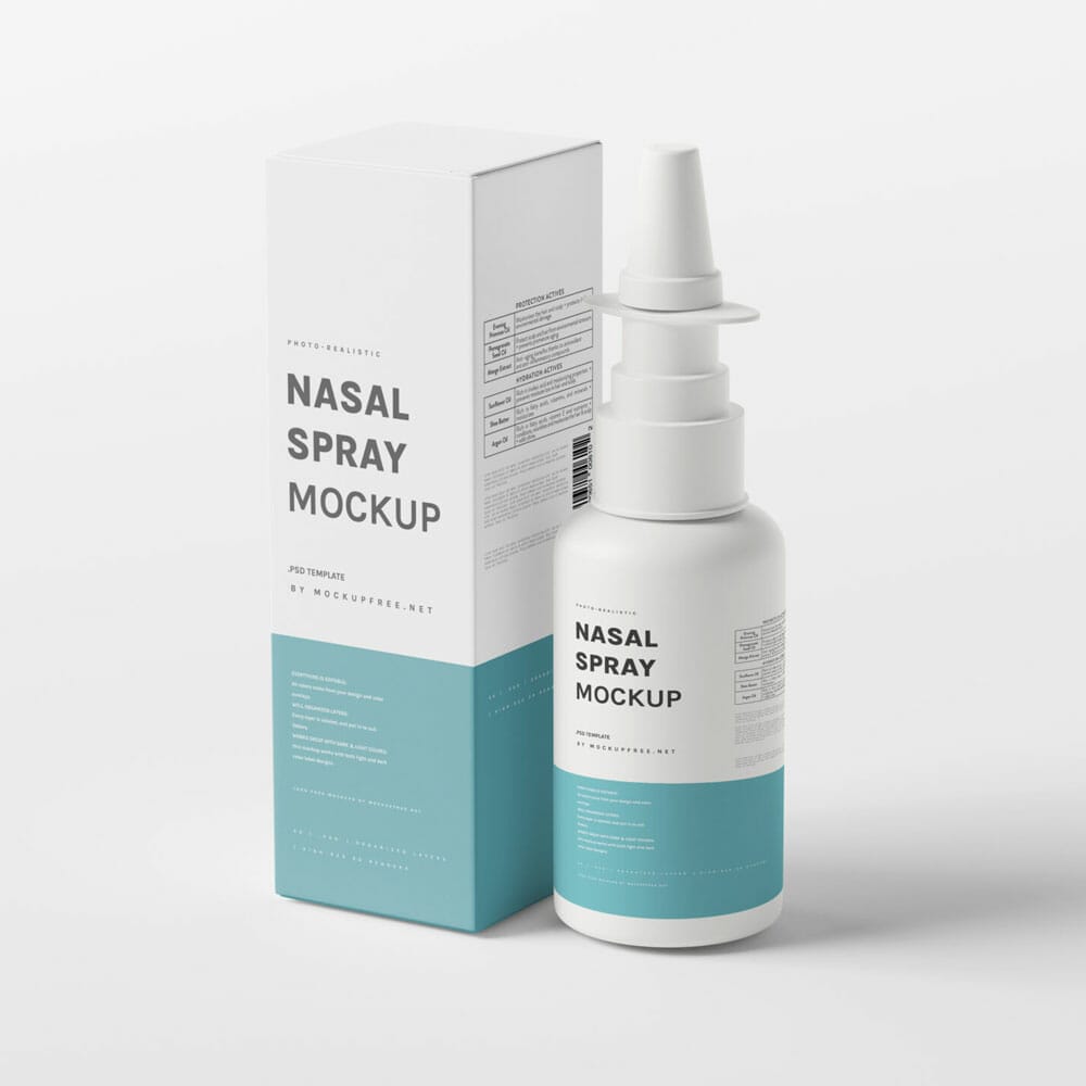 Free Plastic Nasal Spray Bottle With Box Mockups PSD