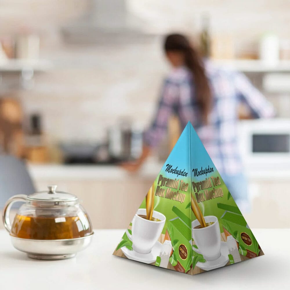Free Pyramid Tea Box Mockup PSD Template
