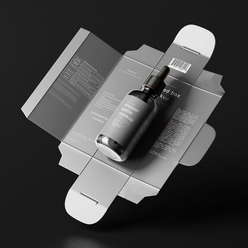 Free Unfolded Box And Amber Glass Dropper Bottle Mockups PSD