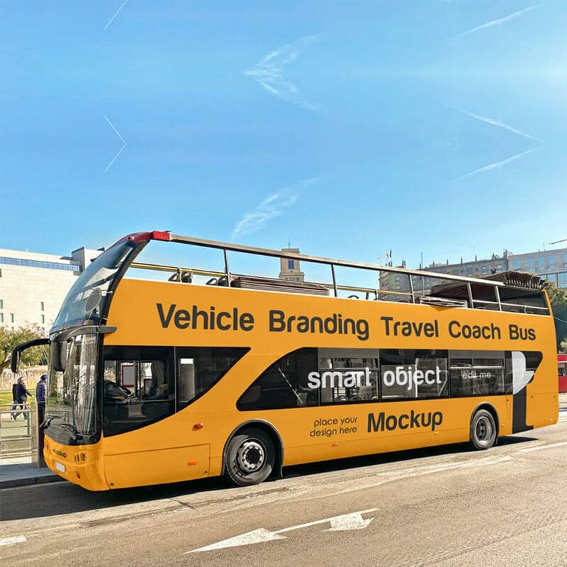 Free Vehicle Branding Travel Coach Bus Mockup PSD