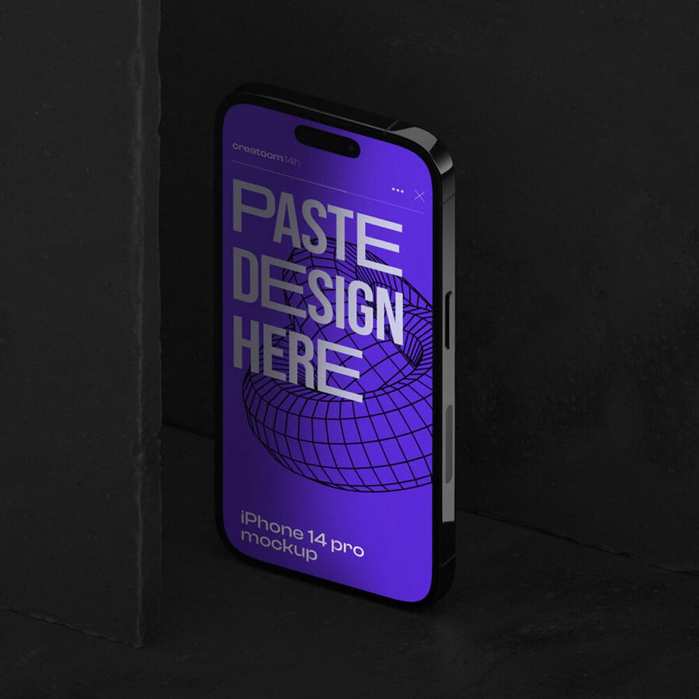Free iPhone 14 Pro Mockup On Stone Panel V3 Isometric PSD
