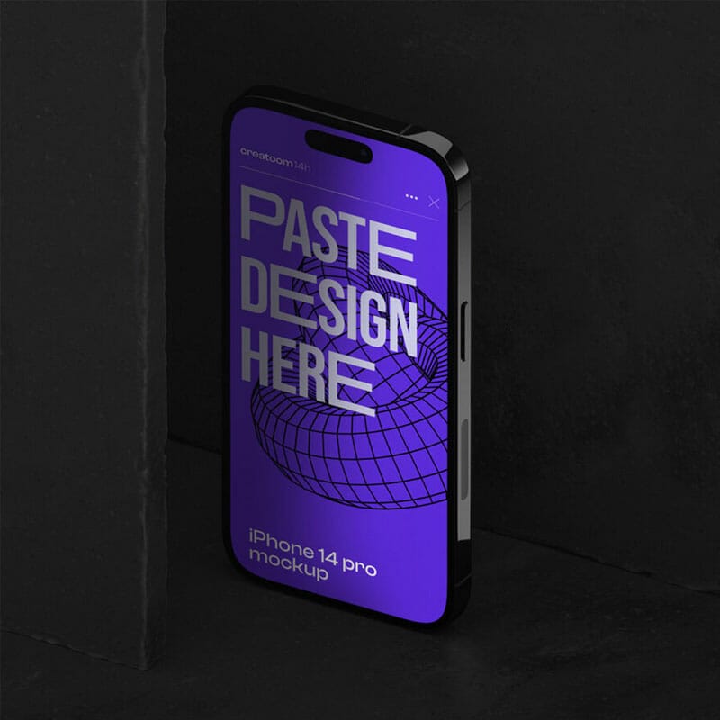 Free iPhone 14 Pro Mockup On Stone Panel V3 Isometric PSD