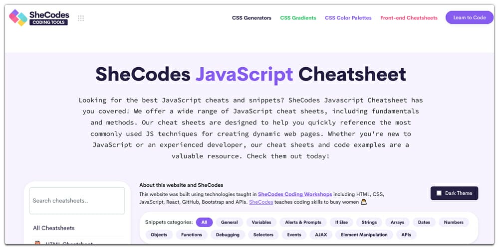 SheCodes JavaScript Cheatsheet