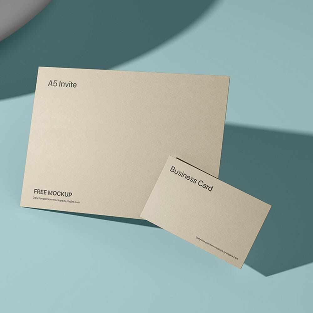 Free A5 Invite with Business Card Mockup PSD
