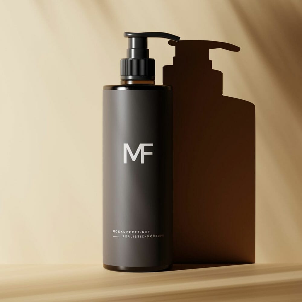 Free Amber Glass Slim Pump Bottle Mockups With Shadows PSD