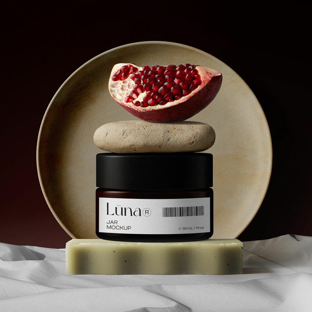 Free Cosmetic Jar Mockup With Pomegranate Front View PSD