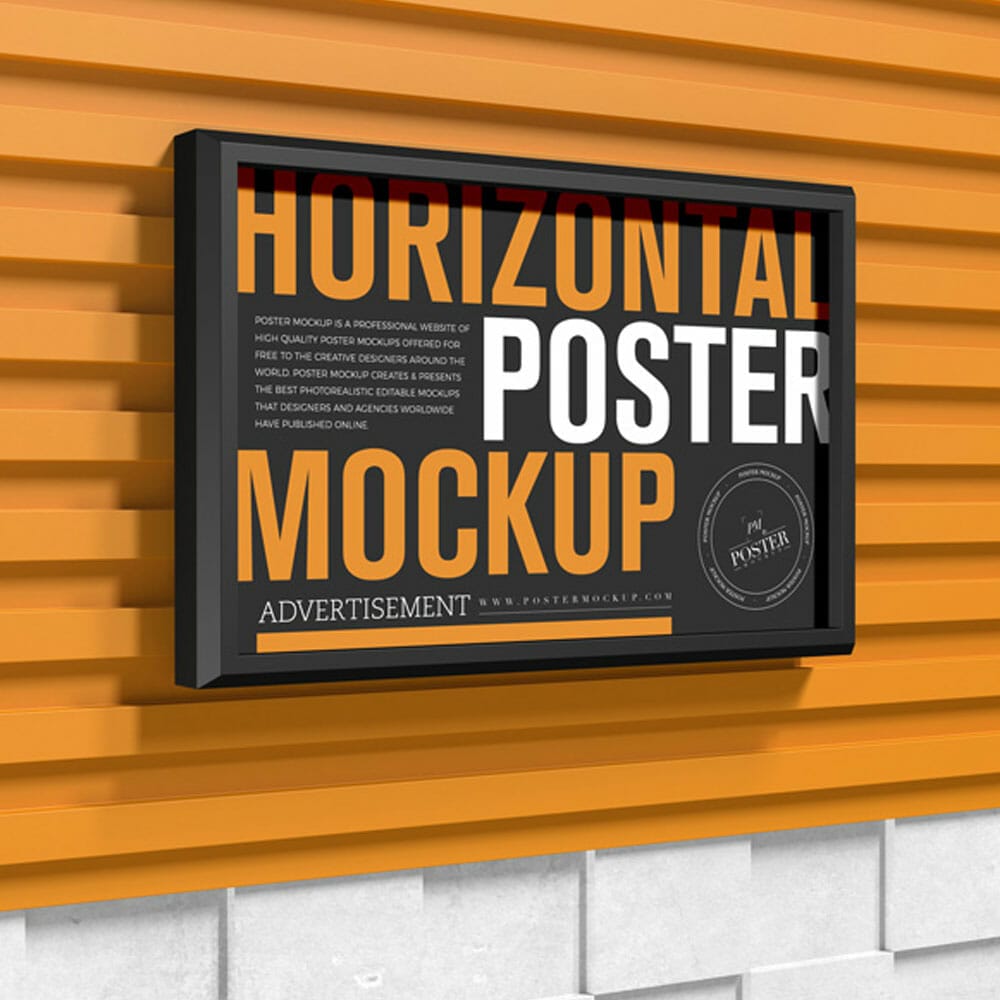 Free Elegant Wall Black Framed Horizontal Poster Mockup PSD