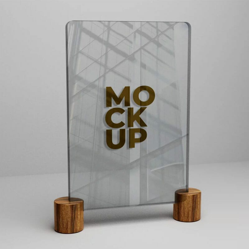 Free Gold Logo Mockup On Glass On Wooden