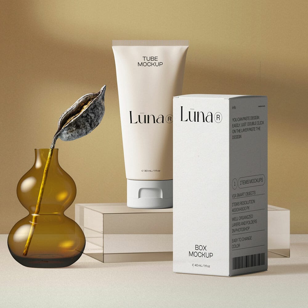 Free Tube And Paper Box Mockups On Glass Block Front View PSD