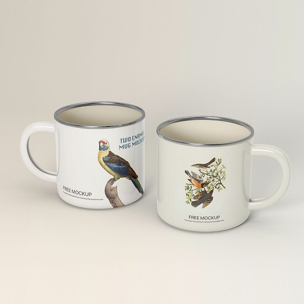 Free Two Enamel Mug Mockup PSD