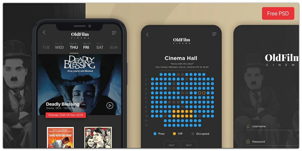 OldFilm Cinema Mobile App PSD