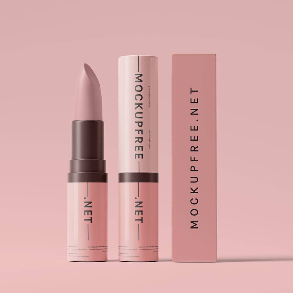 Cosmetic Lipstick and Outer Packaging Box Mockups PSD