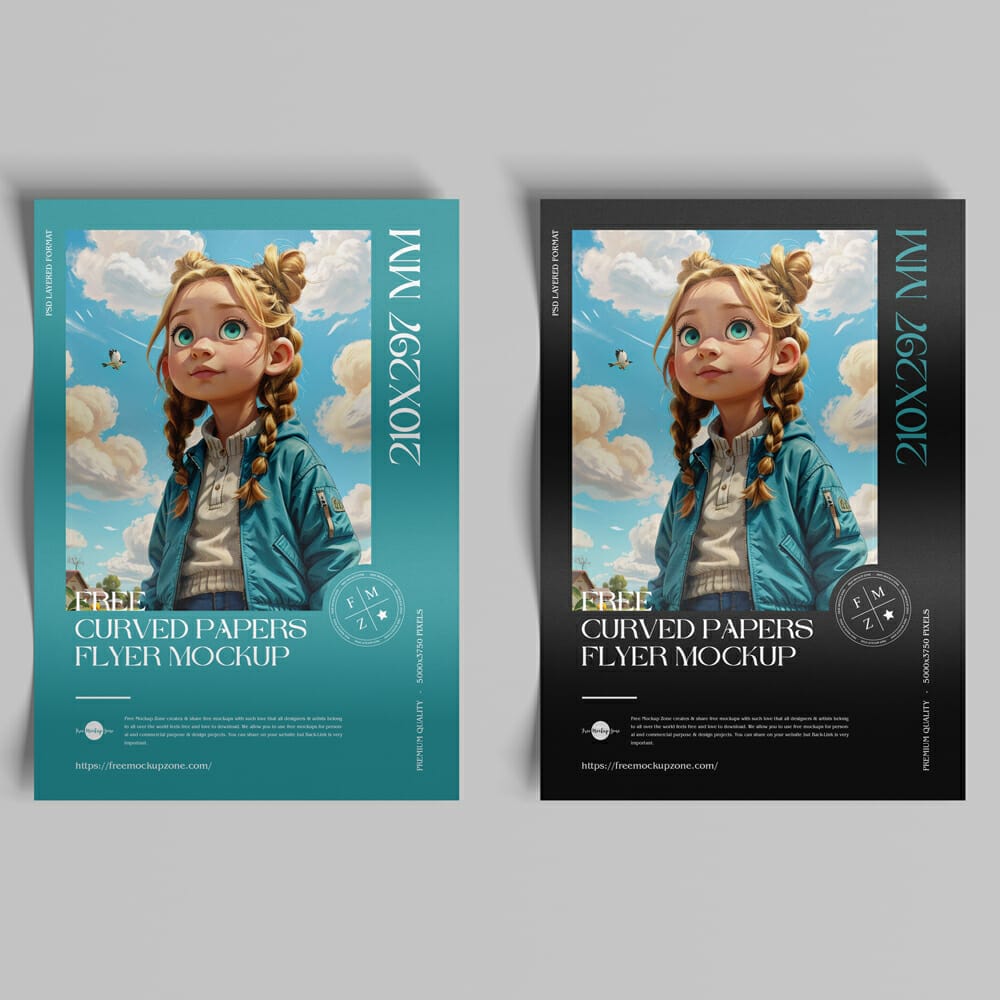 Free A4 Curved Papers Flyer Mockup PSD