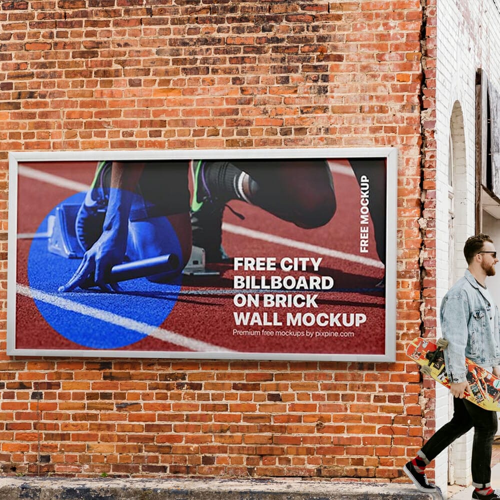 Free City Billboard on Brick Wall Mockup PSD