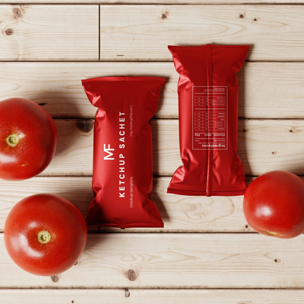 Free Tomato Ketchup Sachet Packet Mockups PSD