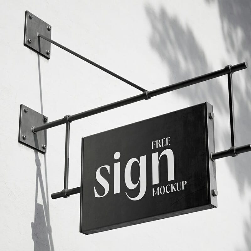 Hanging sign on blank wall mockup psd