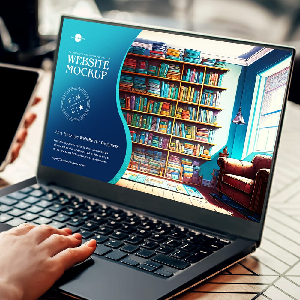 Photorealistic Person Working on Laptop Website Mockup PSD
