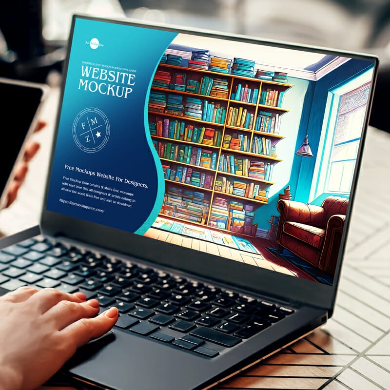 Photorealistic Person Working on Laptop Website Mockup