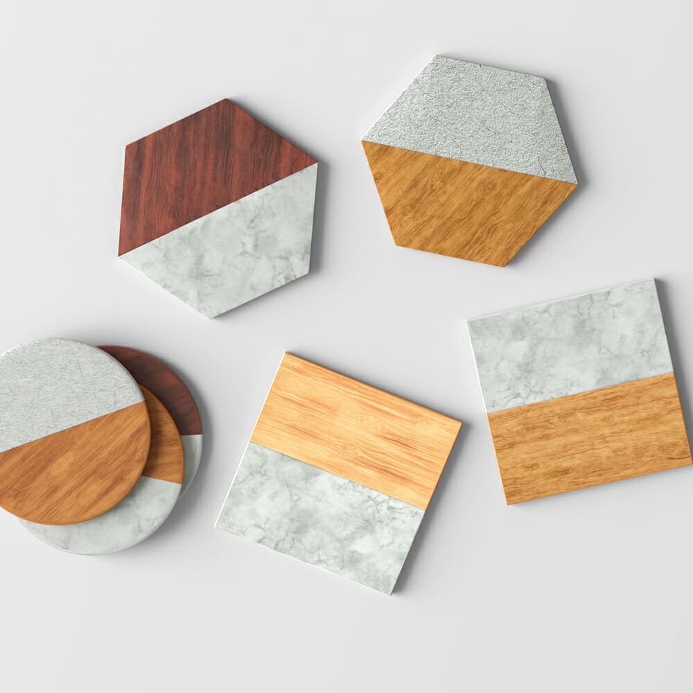 Square Round Hexagonal Wooden Coaster Mockup PSD