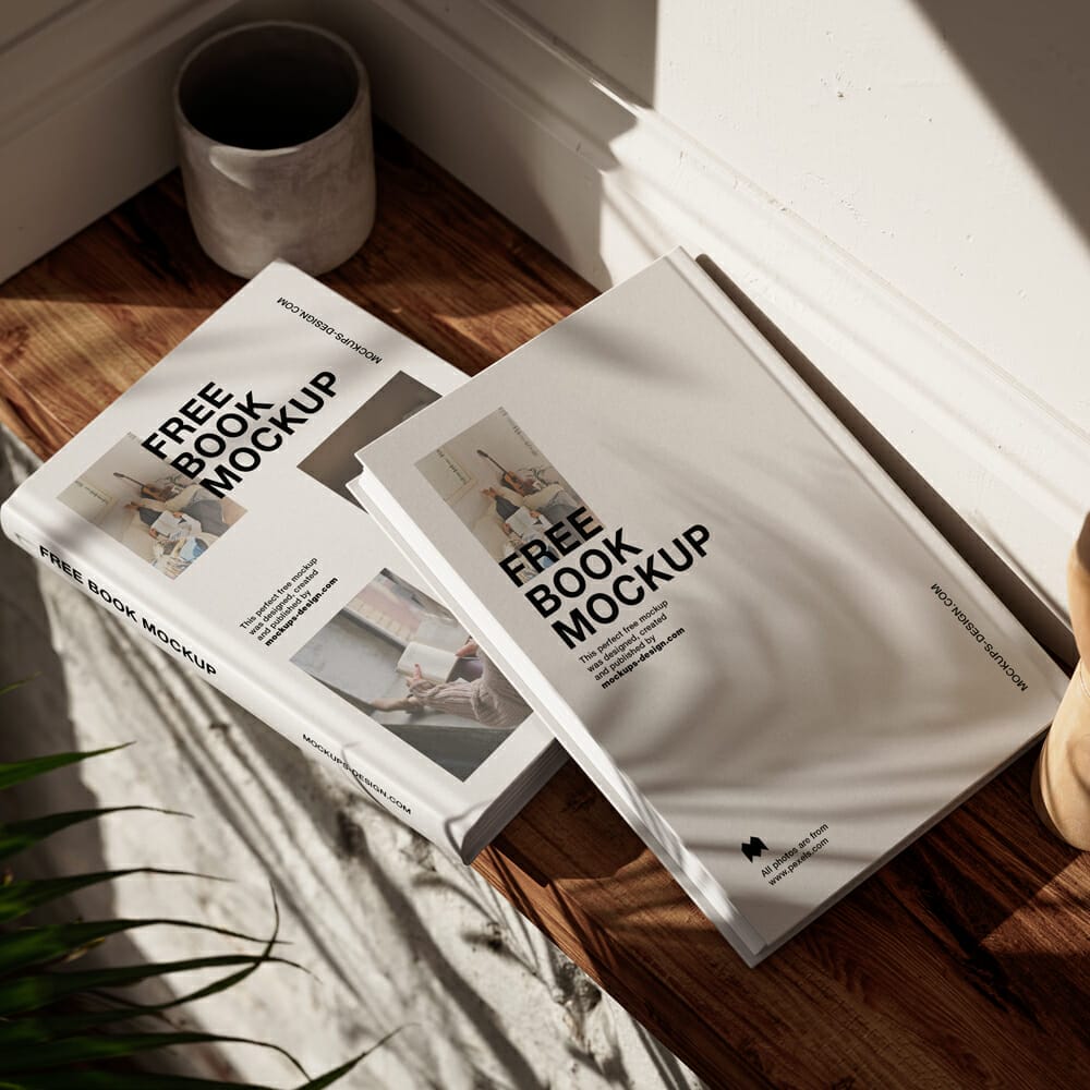 Free Books Mockup on a Wooden Shelf