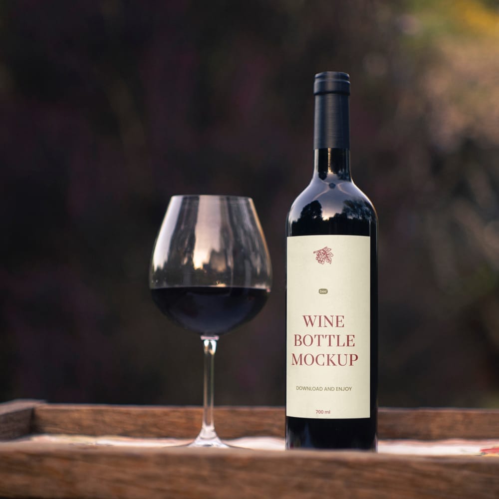 Free Wine Bottle with Glass Mockup PSD