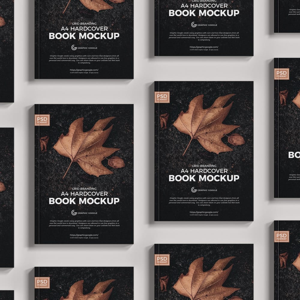 Grid Branding A4 Hardcover Book Mockup PSD