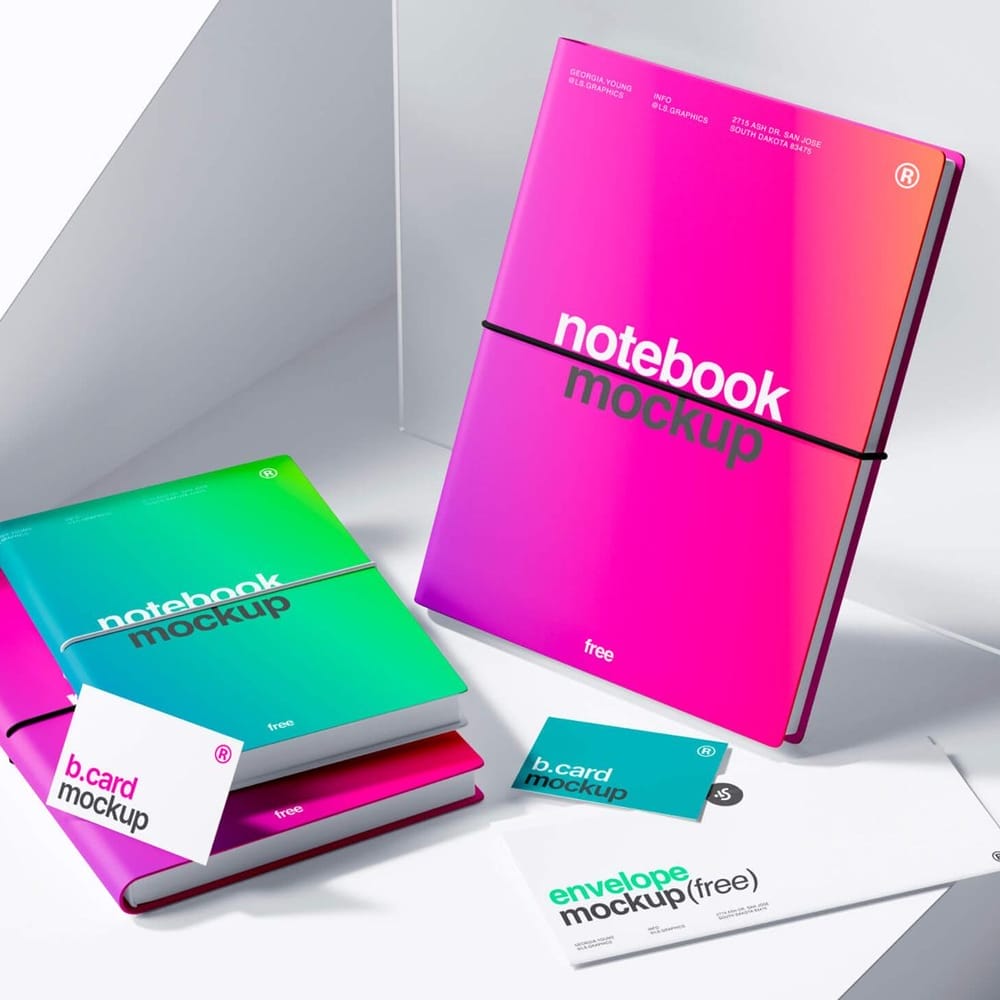 Notebook and Business Cards with Envelope Mockup PSD