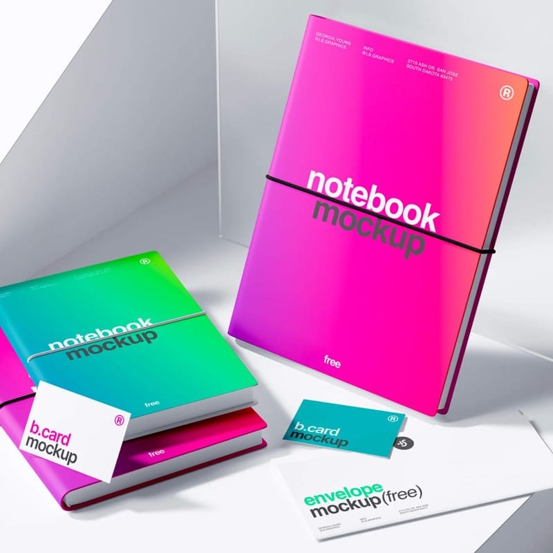 Notebook and Business Cards with Envelope Mockup