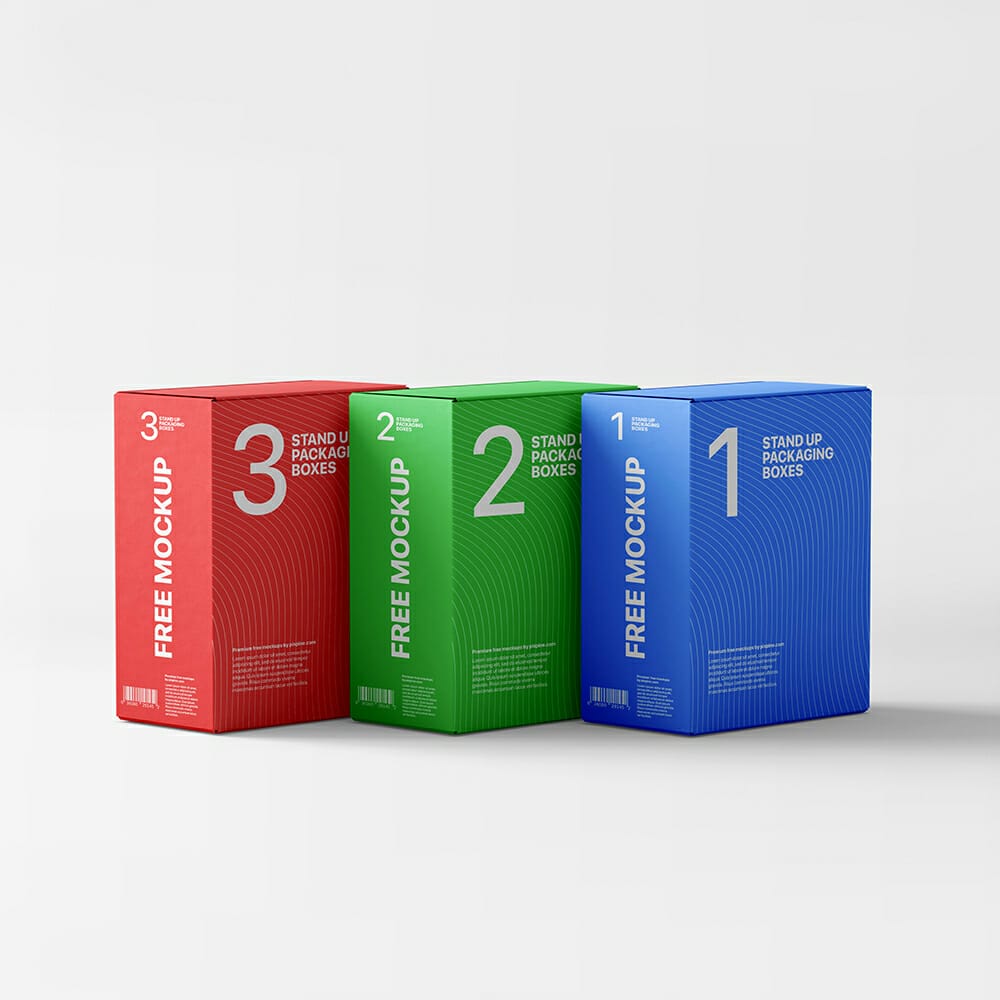 Three Stand Up Packaging Boxes Mockup PSD