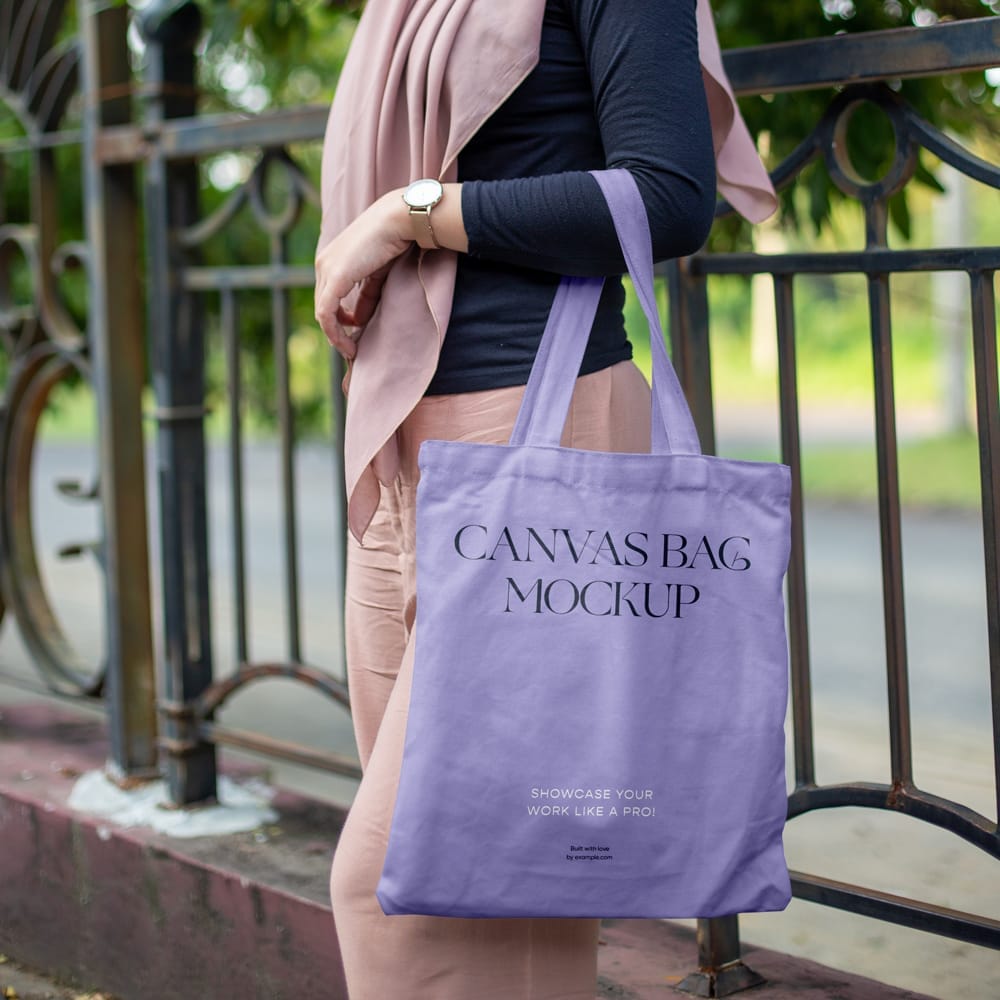 Woman in Park Holding Canvas Bag Mockup PSD