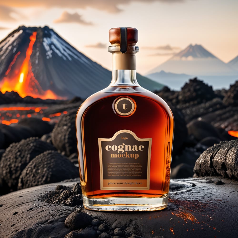 Cognac Bottle Near Volcanic Lava Mockup PSD