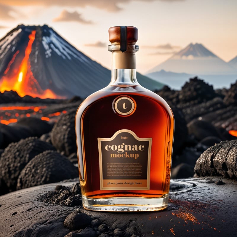 Cognac Bottle Near Volcanic Lava Mockup