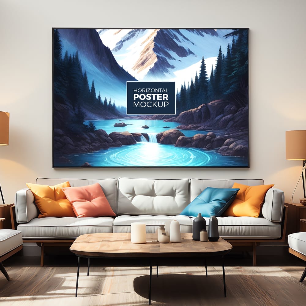 Elegant Living Room Horizontal Poster Mockup PSD