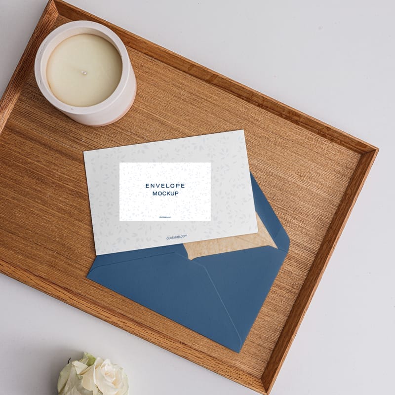 Envelope and Card on a Wooden Tray Mockup