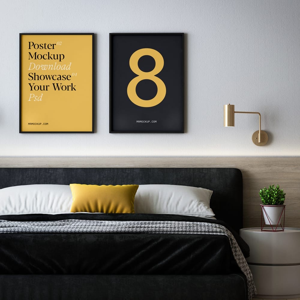 Free Two Posters in Bedroom Mockup PSD