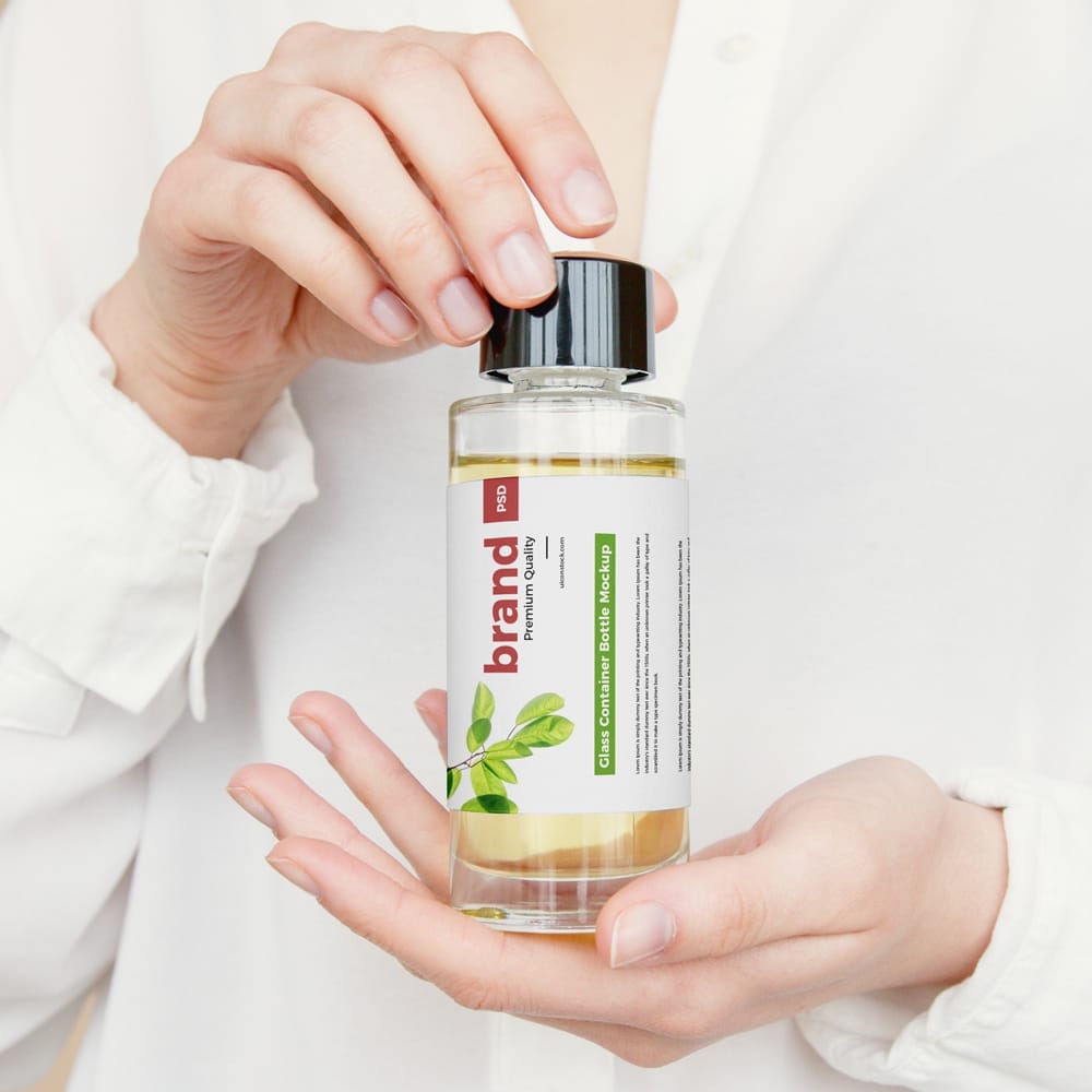 Girl Showing Glass Container Bottle Mockup PSD