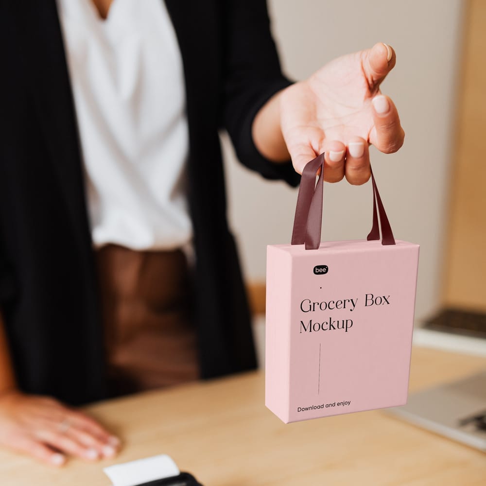 Grocery Box in Hand Mockup PSD