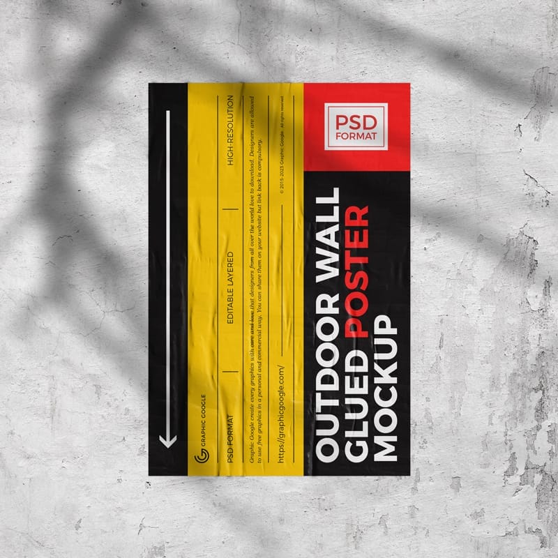 Outdoor Wall Glued Poster Mockup PSD