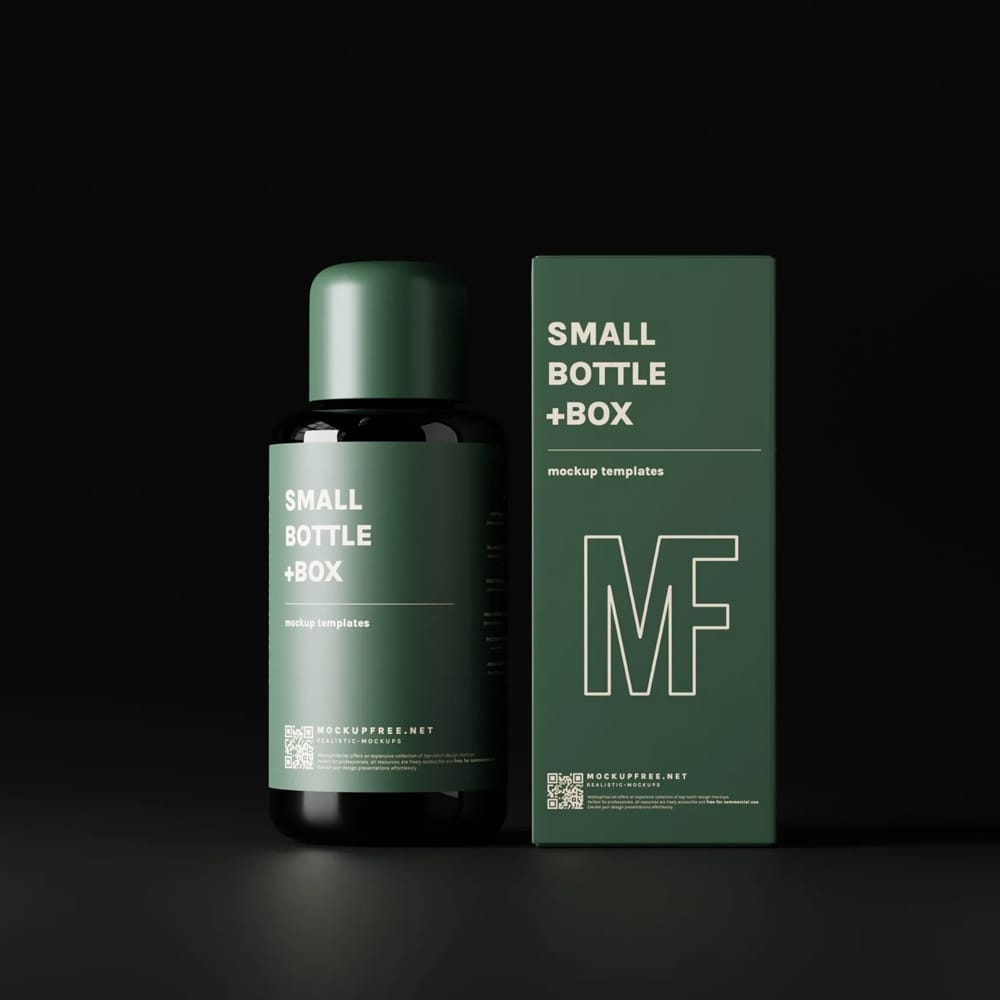 Small Liquid Bottle and Box Mockups PSD