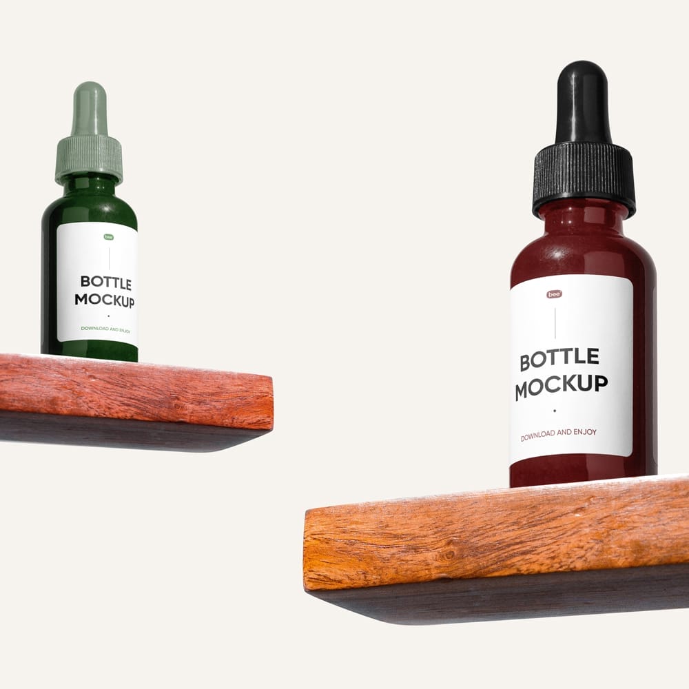 Dropper Bottle on Shelf Mockups PSD