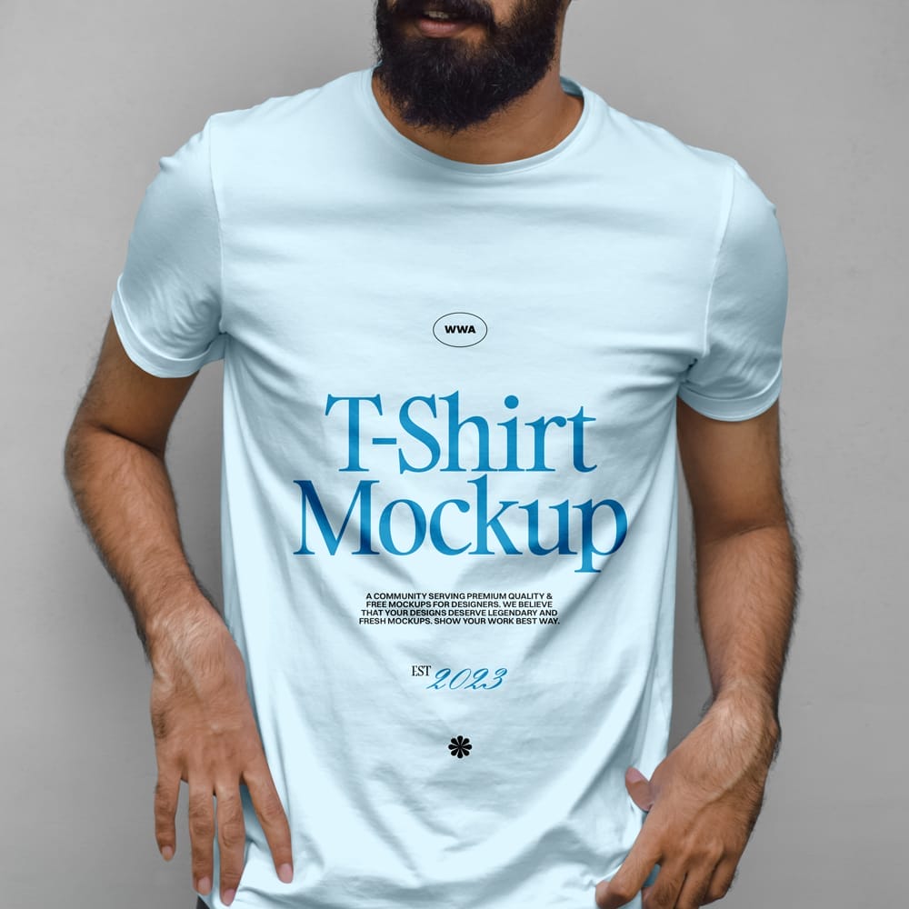 Free Beard Man Wearing T-Shirt Mockup PSD