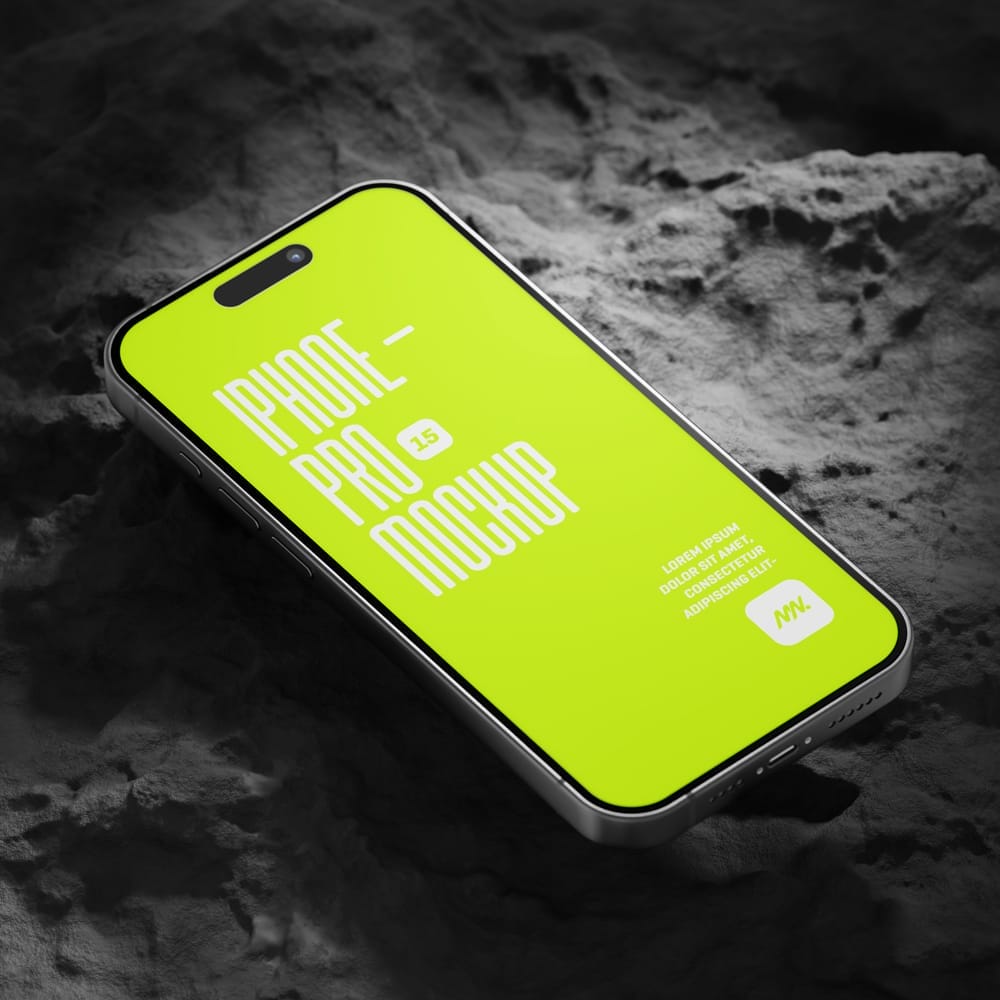 Free iPhone 15 Pro On Rock Mockup PSD