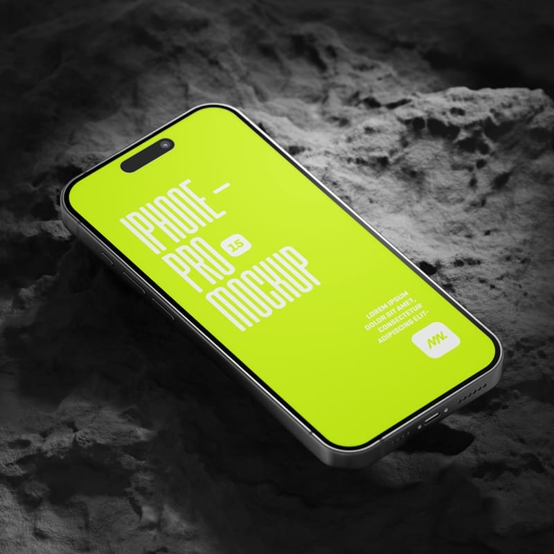 iPhone 15 Pro On Rock Mockup PSD