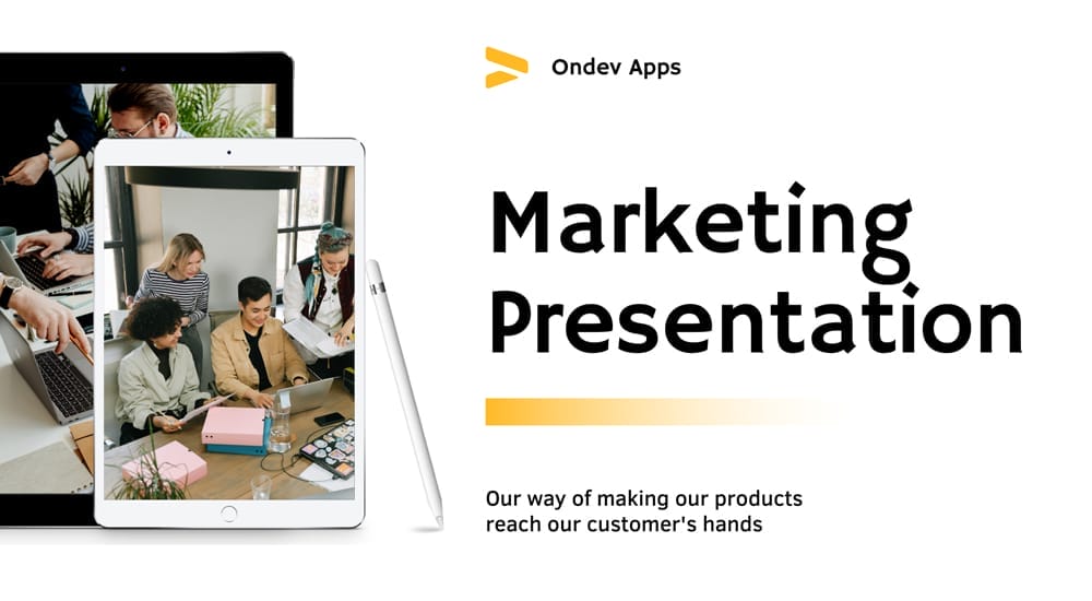 App development marketing presentation template for Canva, featuring phone/tablet mockups and clean design