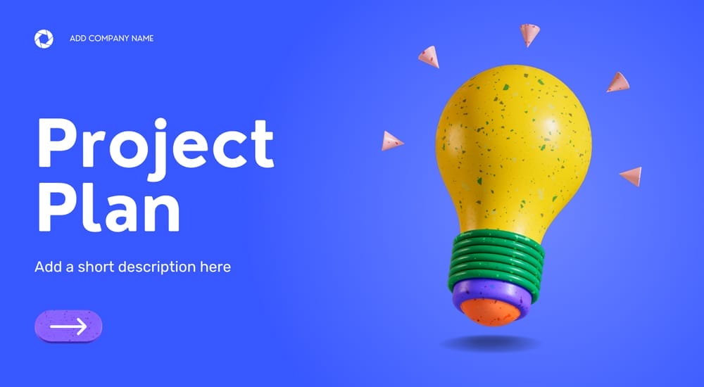 Business presentation template in Canva for project plans using blue and white 3D elements.